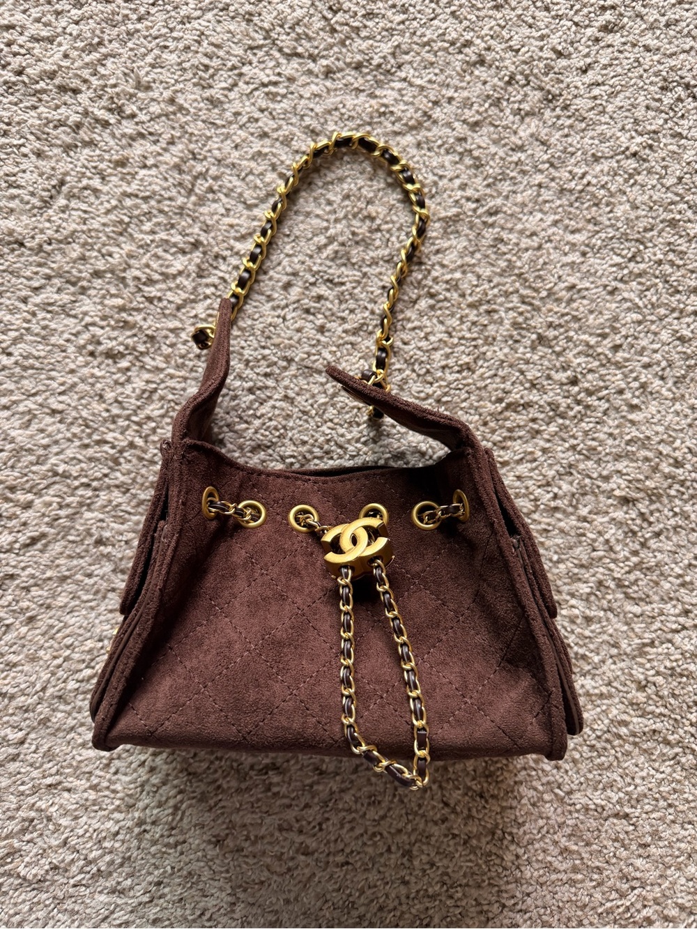 CC Brown suede Quilted Chain-Handle Women's Shoulder Bag